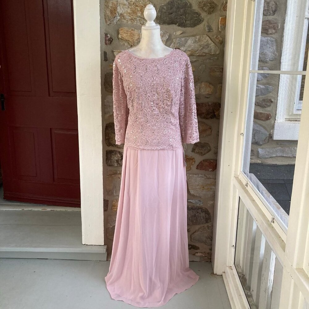 NWT Alex Evenings Long Gown Sequin Lace Bodice & Chiffon Skirt Pink $209 - Picture 3 of 12